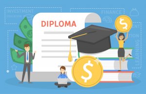 Investment in education concept. Saving money for study in university or college. Cost of diploma. Graduation cap on the book. Flat vector illustration