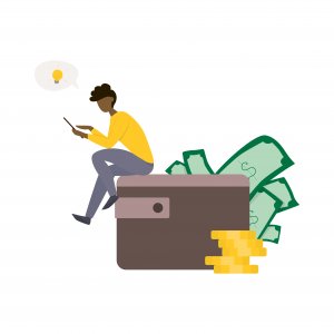 Rich man sitting on the big wallet full of money. Coin stack, cash income. Idea of financial growth. Vector illustration in cartoon style