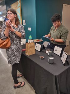 A woman checking in at an event