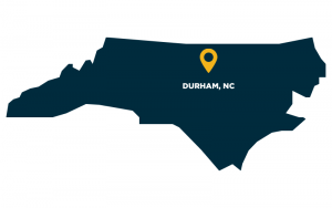 Map of North Carolina with a pin on Durham
