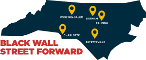 Map of NC with pins on Durham, Fayetteville, Raleigh, Charlotte and Winston-Salem