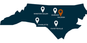 Map of North Carolina with location pins on Durham, Raleigh, Charlotte, Winston-Salem, and Fayetteville