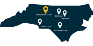 Map of North Carolina with location pins on Durham, Raleigh, Charlotte, Winston-Salem, and Fayetteville