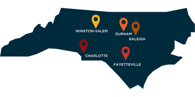 Map of North Carolina with location pins on Durham, Raleigh, Charlotte, Winston-Salem, and Fayetteville