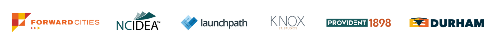 Logos for Forward Cities, NC IDEA, Launchpath, Knox St. Studios, Provident1898, and E3 Durham
